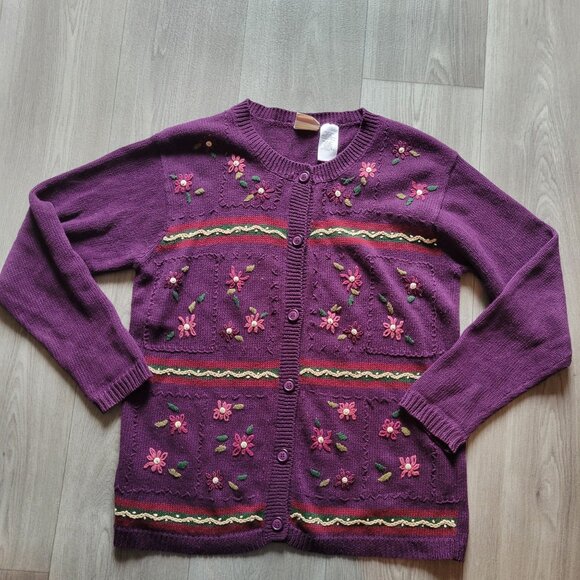 Bobbie Brooks Medium Purple Knit Cardigan With Floral Embroidery & Button Front - Picture 2 of 7